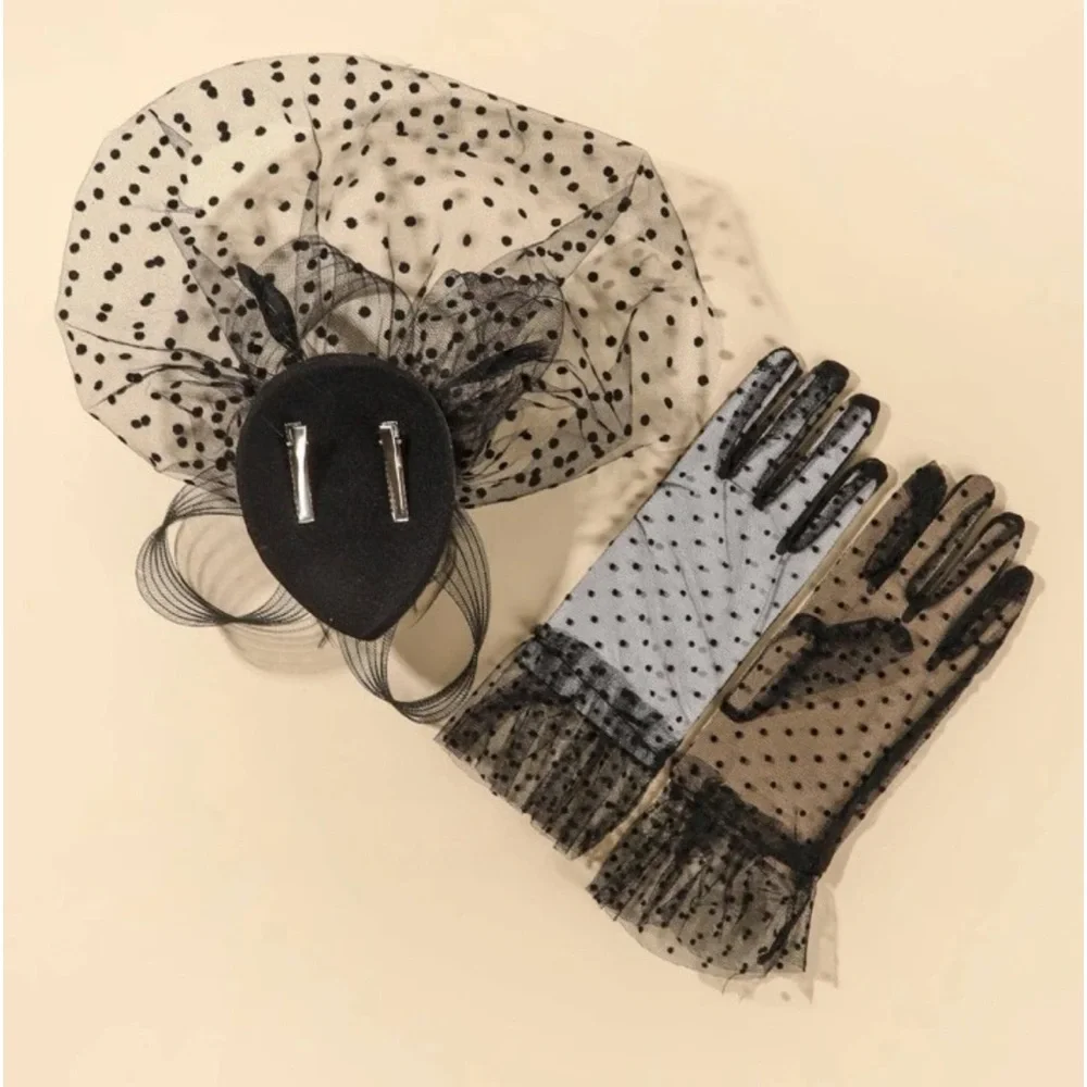 Women Polka Dot Flower Decor Fashion Hair Clip & Gloves Set